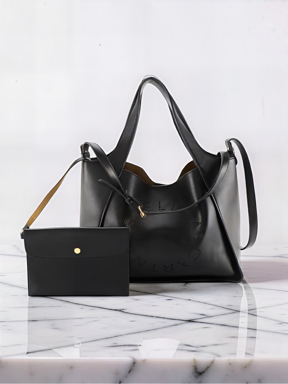 Stella McCartney Logo Tote Black Vegan Leather Crossbody Bag w/Pouch & Dust Bag